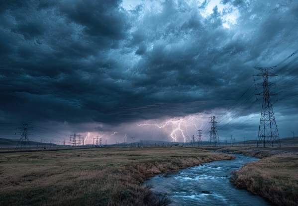 Powerlines against a dark sky with lightning in the background