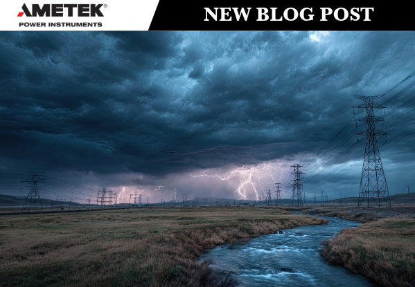 Powerlines against a dark sky with lightning in the background
