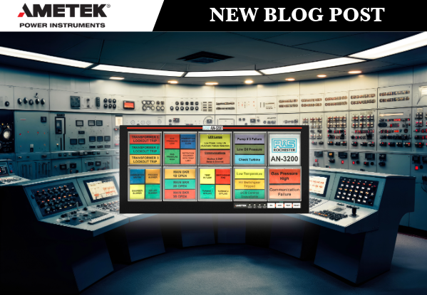 Alarm Annunciator product image overlaid on a control room image