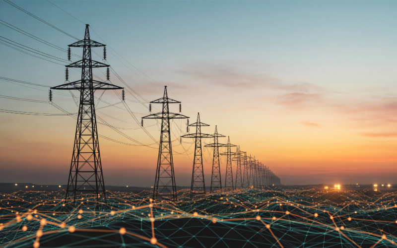 The image features a row of high-voltage transmission towers and power lines stretching into the distance at sunset, overlaid with a digital network grid visualization symbolizing connected power infrastructure and grid modernization. AMETEK Power Instruments logo and “New Blog Post” text appear at the top.
